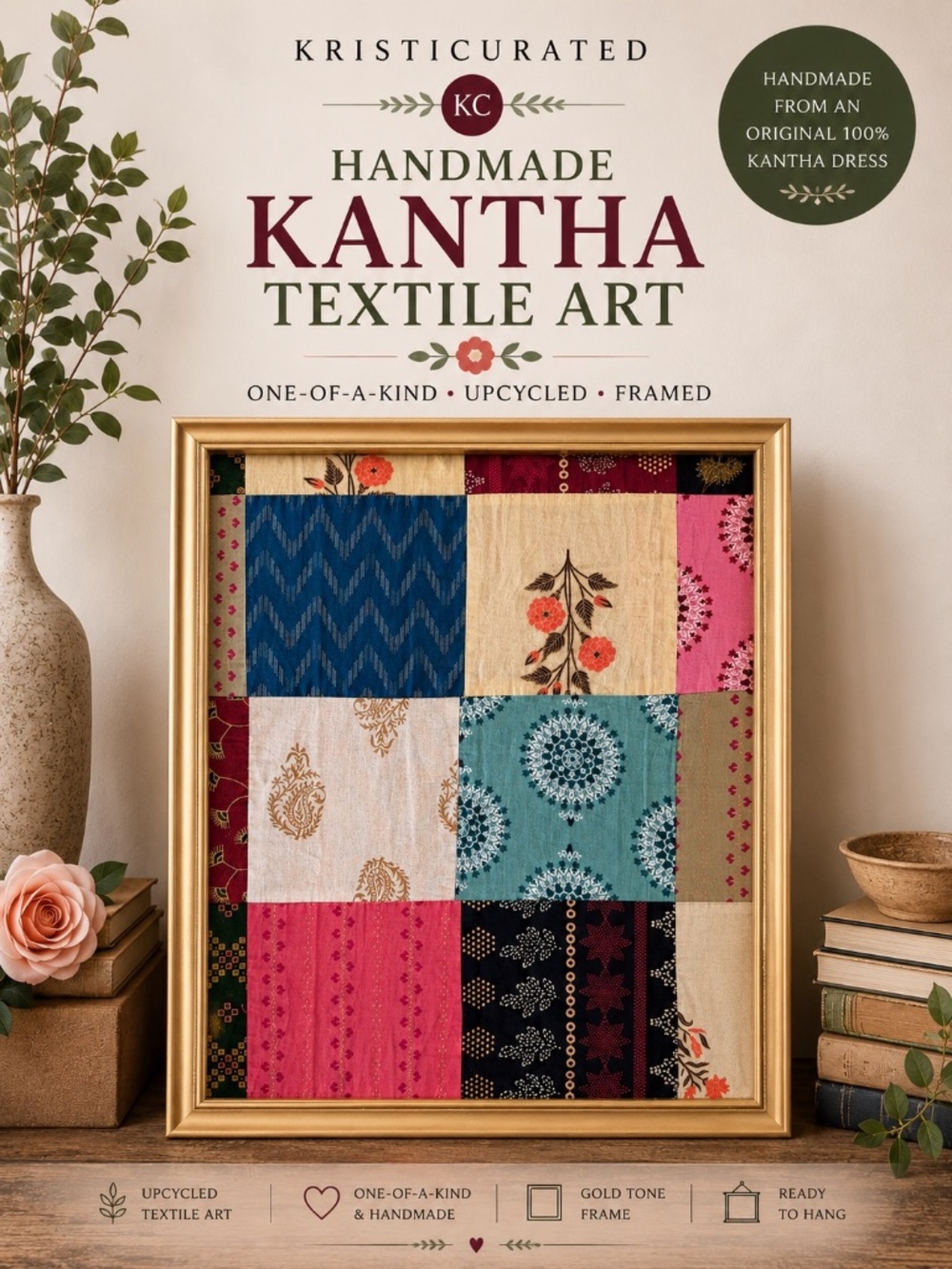 Handmade Kantha Textile Wall Art Upcycled Gold Frame One of a Kind